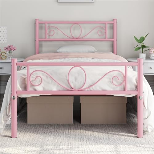 Yaheetech Struttura Letto Singolo in Ferro per Materasso 90 x 190 cm | Ferro Battuto con Doghe, con Testiera Elegante, Stile Rustico Moderno, per Camera da Letto, Struttura Robusta, Rosa