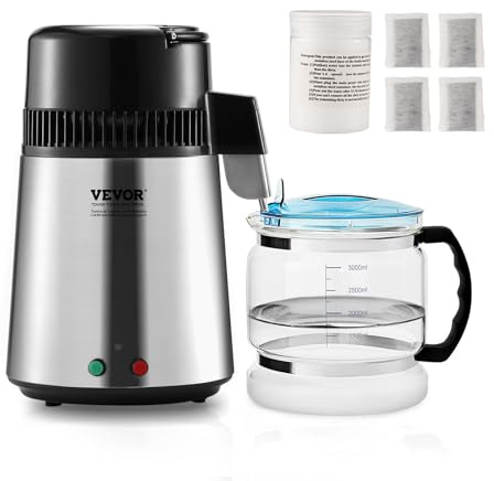 VEVOR Vattendestillator 4 l, maskin för destillerat vatten, 1 l/h, 24 l/dag, inre i rostfritt stål av livsmedelskvalitet, effektivitet för rening av kranvatten hemma, på kontoret, på kliniken