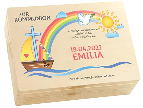 LAUBLUST Holzkiste zur Kommunion - Regenbogen Farbmotiv | Personalisiertes Kommunion-Geschenk, FSC® (Natur, ca. 40 x 30 x 14 cm | L)