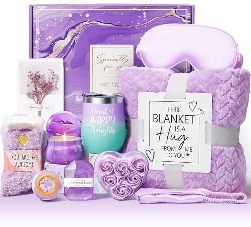 Mothers Day Birthday Gifts for Women Self Care Get Well Soon Gifts, Lavender Relaxing Spa Gift Basket Thinking of You Care Package w/Flannel Blanket, Unique Gift for Mom Her Wife Grandma Friend Sister