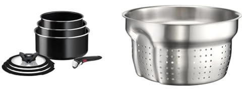 Tefal Ingenio Easy ON 7 piece Non-Stick Saucepan Set, 16&18&20 cm Saucepans, 16&18&20 cm Glass Lids & L9259804 Ingenio Saucepan Pasta Insert, Stainless Steel, Silver Coloured, 1.2 kg