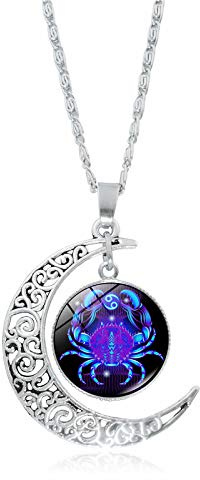 Cancer Lumineux 12 Constellations Signes Du Zodiaque Colliers - Croissant De Lune Boule De Verre Pendentif Chaînes Réglables Collier Pour Femmes Et Hommes Bijoux D'Anniversaire Cadeaux,Cancer,55+5