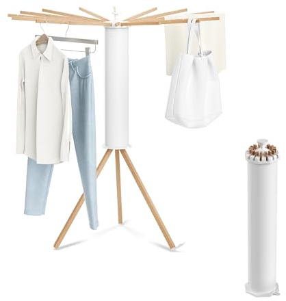 Froadp Clothes Airer with 16 Drying Rods Wooden Foldable Drying Rack Portable Octopus Clothes Airer Space Saving Drying Rack Tower Clothes Airer for Balcony Bedroom Household