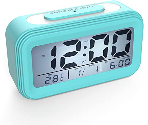 Coolzon Sveglia Digitale, Sveglie da Comodino Batteria per Bambini Adulti, Orologio Digitale Silenziosa Grande LCD Schermo Data Temperatura Funzione Snooze Luce Notturna Allarme Forte, Azzurro
