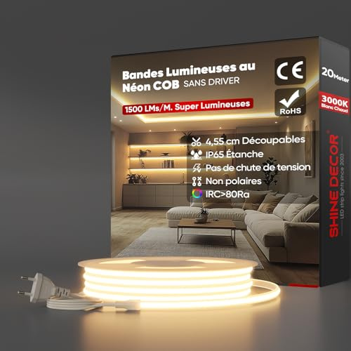 Shine Decor COB LED Streifen 20m, AC 220V 230V IP65 Wasserdicht LED Band, SMD2025 286 leds/m Ultrahohe Helligkeit Lichtleiste für Küche Garten LED Beleuchtung (20M, Warmweiß, CE Zertifiziert)