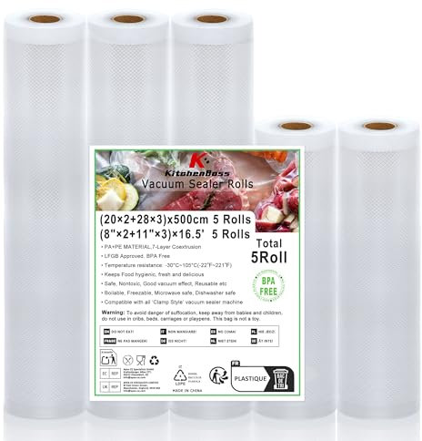 KitchenBoss Sacchetti Sottovuoto Alimenti 5 Rotoli：Buste Sottovuoto Alimenti 28x3/20x2/x500 cm, Rotolo Sottovuoto per Alimenti Adatti per Macchina Sottovuoto, Adatto al Congelatore e al Microonde