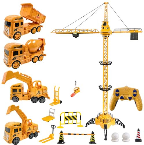 PQKL-party Kran Spielzeug Ferngesteuerte Turmkran, 128 cm Hohe Kran Ferngesteuert, 680 Grad RC Baukran mit Hebehaken, Leuchtturm und Sound, Konstruktionsspielzeug für Kinder ab 4