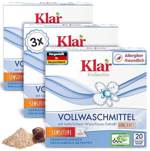 Klar Vollwaschmittel Pulver Sensitive 3x1,1kg - 60 Ladungen - Allergiker Waschpulver ohne Duft - Bio Waschmittel Pulver mit natürlichem Waschnuss Extrakt - VEGAN & Enzymfrei