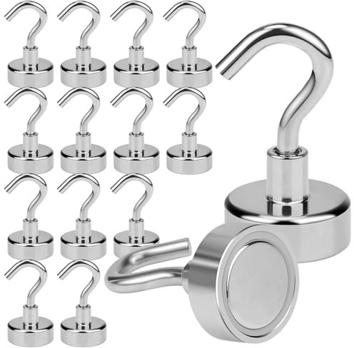 Orchideeknc 15 PCS 20mm Magnetic Hooks Load Capacity 14KG/30.9LBS, Neodymium Strong Magnet Hook, Silver Magnetic Hooks for Fridge