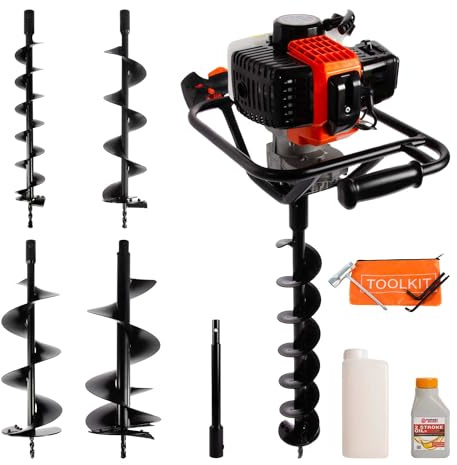 52cc Petrol Earth Auger/Fence Post Hole Borer + 4 Auger Bits + Extension Bit + More