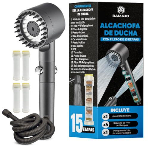 BAMAJO© Alcachofa de Ducha con Filtro de 15 Etapas – Filtro Ducha Antical con Manguera 1.5M - Cabezal de Ducha Alta Presión con 3+1 Modos que ahorra agua – 4 Filtros de Ducha Antical - Shower head