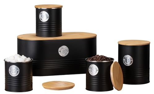EHC Set of 5 Tea, Sugar, Coffee, Biscuit & Bread Bin Canisters Set With Airtight Lid, Kitchen Storage Jars with Lids, Containers Canisters Jars Set of 5, Black