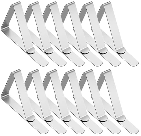 Lahviuu Sujeta Manteles de Mesa Exterior 12 Piezas Pinzas Sujeta Manteles Clips para Mantel de Acero Inoxidable Pinzas Manteles Ajustable para Jardín Cocina Oficina Restaurante Boda Fiesta (Plata)