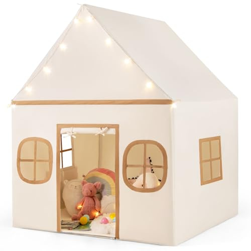 GOPLUS Spielhaus Kinder Indoor, 2 in 1 Kinderspielzelt mit Matte und Sternlichtern, Spielzelt mit Fenstern, Tür & 2 praktischen Taschen, Prinzessin Zelt für Mädchen & Jungen ab 3 Jahren (Beige)