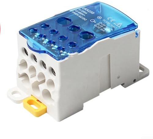 Allthingstore Scatola di giunzione di alimentazione 80A-500A Connettore morsettiera di distribuzione su guida DIN blu scatola splitter unipolare per cavo elettrico (250A)