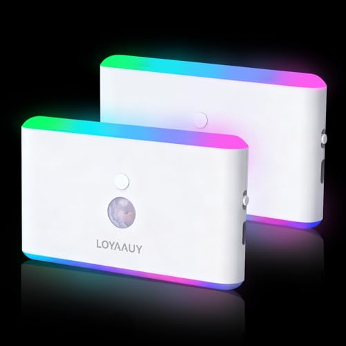 LOYAAUY Motion Sensor Night Light 2-Pack, Long-Lasting Rechargeable Magnetic LED Nightlight, Warm & RGB Soft Dimmable, Wireless USB Auto Sensor Lights for Indoor Bedroom, Bathroom, Hallway, Stairs