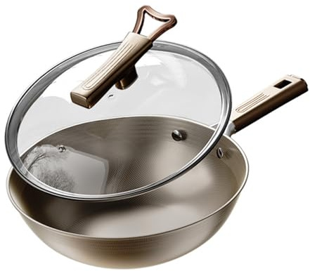 TREWQ Pentola Wok in Acciaio Inossidabile e Titanio per Cucina, Padella per Saltare e Saltare, Utensile da Cucina Giapponese a Induzione, Wok Tradizionale Cinese Antiaderente in Titanio 34cm
