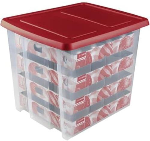 SUNWARE Nesta Weihnachtsbox 45 Ltr mit Tabletts für 64 Weihnachtskugeln (Ø70-80mm)- transparent/rot