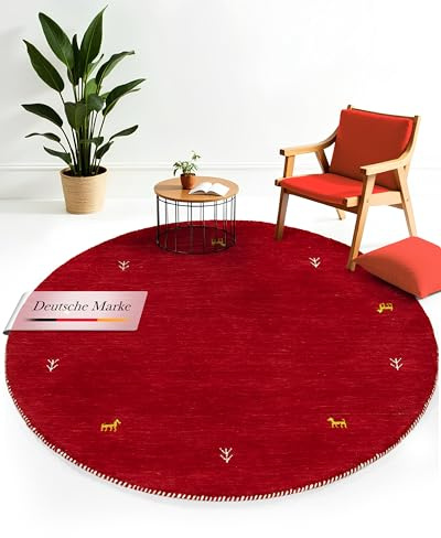 carpetfine Wollteppich Gabbeh Uni Rund Rot Ø 80 | Moderner Teppich für Wohn- und Schlafzimmer