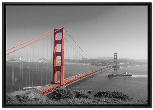 Pixxprint eindrucksvolle Golden Gate Bridge Leinwandbild 100x70 cm im Bilderahmen, Wandbild, Schattenfugenrahmen, Kein Poster
