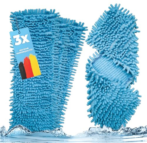3X Bodenwischer Ersatzbezug - Chenille Wischbezug blau - Wischmopp Chenille aus Mikrofaser für empfindliche Böden - Microfaser-Mopp zur Bodenpflege für alle Mopp-Klapphalter 40 cm - Wischmopp Bezug