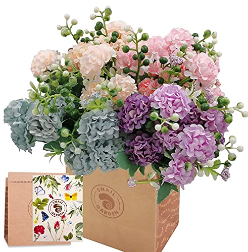 SNAILGARDEN 40Heads Artificial Hydrangea Flowers, 4Pack Fake Silk Mini Hydrangea with 1 Vase Kraft Paper Bag-Mini Artificial Chrysanthemum Ball Perfect for Home Office Wedding Baby Shower Party Decor