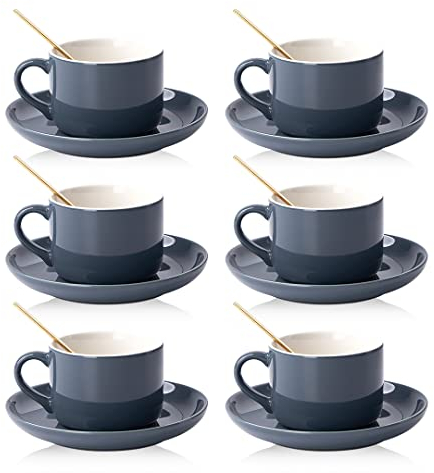 CHILDIKE Porcelain Coffee Cups and Saucers Set of 6 with Gold Spoon 220 ml/8oz, Ceramic Grey Cappuccino Cups for Tea, Espresso