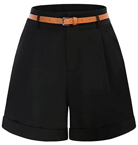 Women Bermuda Shorts High Waisted Wide Leg Vintage Shorts with Pockets (Black,S)