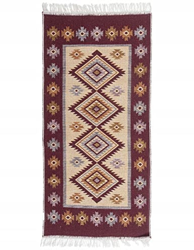 e-floor Teppich für Wohnzimmer Baumwolleteppich | Gewebt | Doppelseitiges Muster | Boho Kelim Teppiche | Teppichläufer | Küchenteppich | Schlafzimmer |Pflaume Rhomboid | 60x120 cm