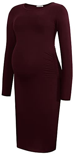 Smallshow Women's Long Sleeve Maternity Dress Ruched Pregnancy Clothes,Wine,S
