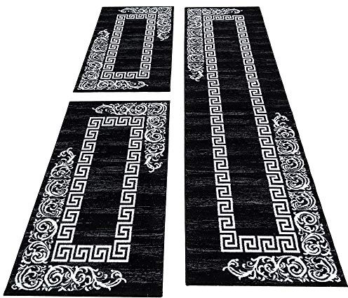 Carpettex Kurzflor Läufer Set 3 Teilig Designer Velour Teppich Weich Bettumrandung Flur Schlafzimmer Teppich 12 mm Florhöhe Schwarz Weiss, Farbe:Schwarz, Bettset:2 mal 80x150 cm + 1 mal 80x300 cm