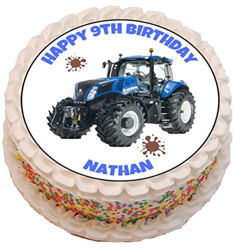 Blue Holland Tractor Personalised PRECUT Cake Topper 7.5 Inch Round Edible Icing Sheet Birthday Decoration