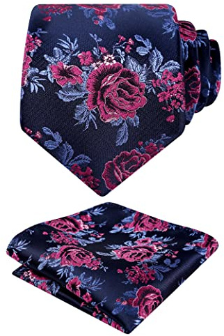 Alizeal Blommönstrad slips för män med ficknäsduk snygg unik för affärer bröllopsfest slips set, 145-marin+Fuschia, en storlek