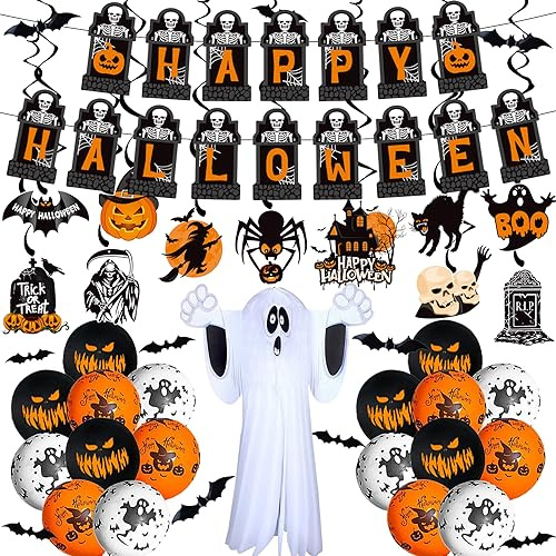 Halloween Party Decoration Set, Extra Large Ghost Hanging Ornaments, Spooky Banner Decorations halloween bunting, Creepy Hanging Swirls, 18pcs Balloons, Halloween 3D Bats
