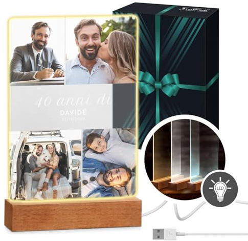 Maverton Cornice LED luminosa con supporto in legno, Quadro in vetro | Acrilico personalizzato con collage di foto, Lampada con foto per uomo per il compleanno, Festa, L, 15x24x4,5cm