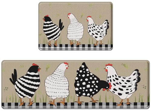 Nesphy Anti-Fatigue Rooster Kitchen Rug Set of 2 Cushioned Chicken Rug for Floor, Farmhouse Standing Mat Waterproof Non-Slip Mat PVC Ergonomic Comfort Foam Kitchen Decor