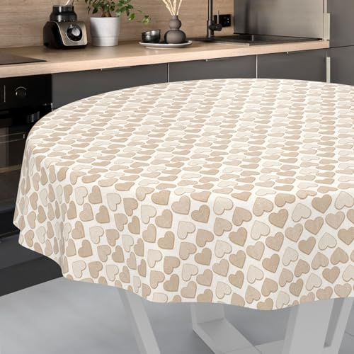 ANRO Nappe en Toile cirée Nappe Lavable Nappe de Jardin en Toile cirée extérieur intérieur Rond 120 cm Bord coupé Coeur Beige