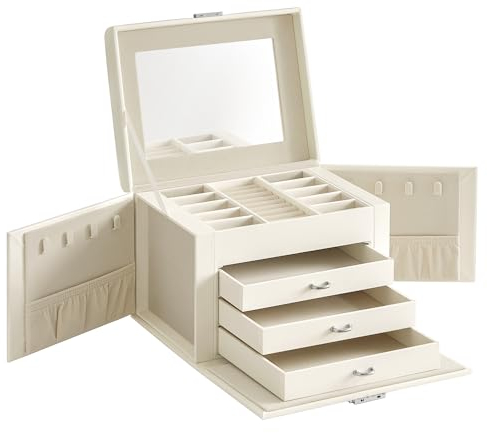 SONGMICS 4-Tier Jewellery Box, Lockable Jewellery Organiser with Handle, 3 Drawers, Travel Jewellery Case with Mirror, Jewellery Storage, Gift Idea, Cloud White Cover, Cream White Lining JBC159W02