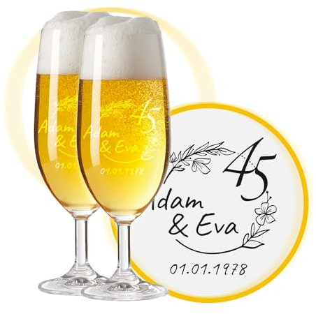 LALALO Biergläser mit Gravur zum 45. Hochzeitstag, Messing-Hochzeit Geschenk, Leonardo Pils Biertulpe personalisiert, Jahrestag (Blumenkuss)
