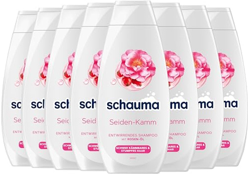 Schauma Entwirrendes Shampoo Seiden-Kamm (8x 400 ml), Haarshampoo pflegt ohne zusätzliche Spülung, Glanz-Shampoo für schwer kämmbares & stumpfes Haar, mit Rosen-Öl