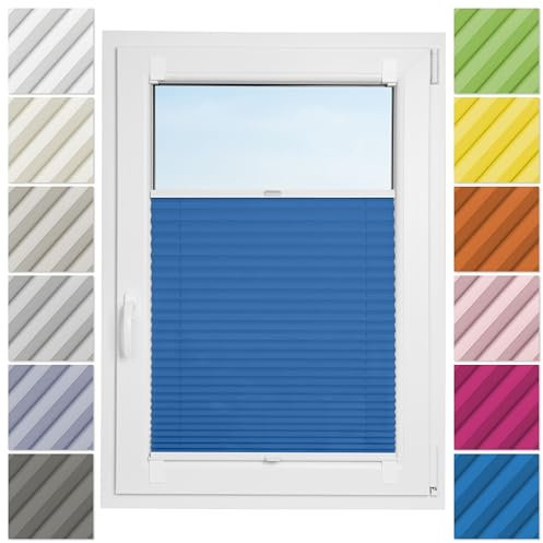 Estika Plissee ohne Bohren zum Kleben - 85cm Brite x 80cm Höhe - Blau - Selbstklebende Montage, Modern sichtschutz für Fenster, Jalousien Fenster ohne Bohren