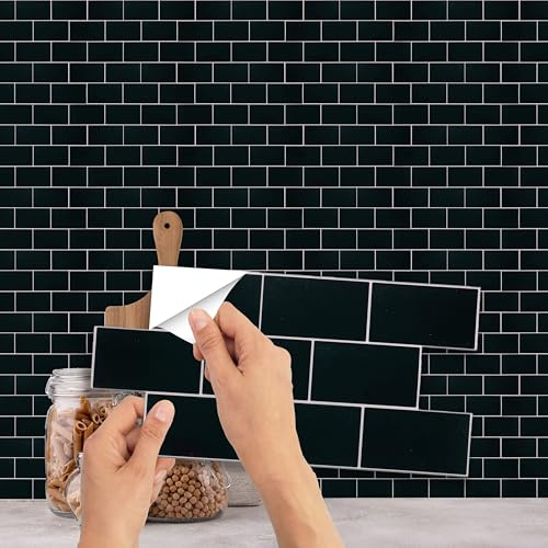 WALPLUS Credence Adhesive Pour Cuisine 15x30cm Dalle PVC Murale Résistant à la Chaleur et à L'eau Carrelage Adhesif Pierre de Marbre Noir Stickers 12 PCS