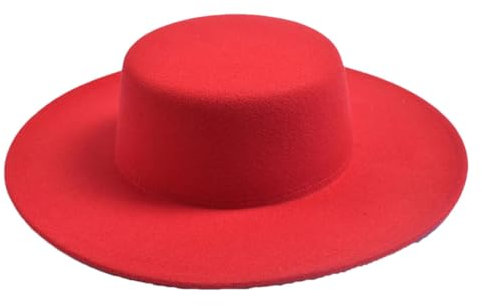 Unisex-Fedora-Hut mit großer breiter Krempe, Derby-Hochzeit, Jazzhut, flache Oberseite, Filzhut, rot, 6 7/8-7 1/8