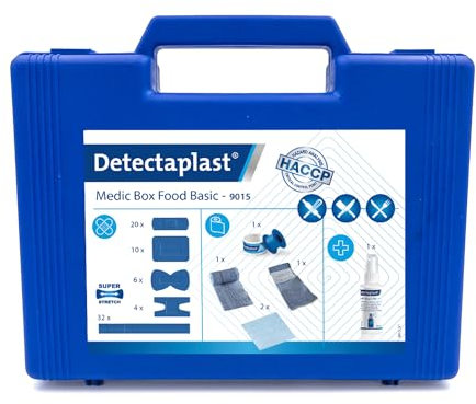 Trousse de Premiers Secours Detectaplast pour la Restauration, pour Le Traitement des plaies, Trousse Portable en Mallette avec plâtre, pansements, Bandage, Ruban adhésif, 76 pcs