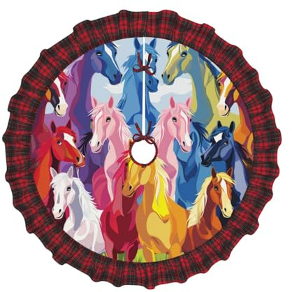 Niedliche Cartoon-Pferde Weihnachtsbaumrock 91,4 cm – Vintage-Stil, kariert, Weihnachtsbaumrock mit festlicher Bordüre