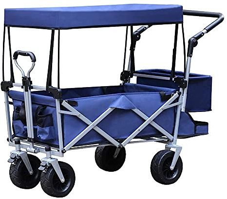 CRBUDY Handcart, Foldable Trolley, Outdoor Cart with Adjustable Telescoping Bar,4 Big Wheels, Removable Shade Canvas, Garden Trolley for Shopping Groceries/Black