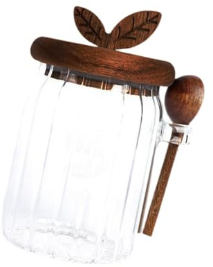 Baoblaze Bot en Verre avec Couvercle en Bois et cuillère, Pot de Rangement en Verre Polyvalent, récipient de Stockage des Aliments pour Nourriture sèche, 600 ML
