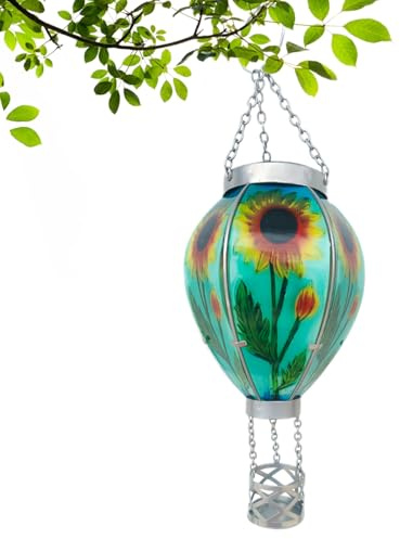 Hot Air Balloon Lantern, Festive Lights Solar Power Rainbow Stain, Flame Effect Hot Air Balloon Solar Garden Light, Outdoor Hanging LED Lantern, Light for Garden, Patio, Balcony Decoration