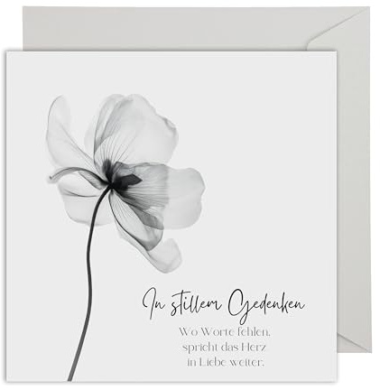 WBdesignz XXL Trauerkarte „In stillem Gedenken“ mit Umschlag - stilvolle Kondolenzkarte mit zarter Blüte – Trauerkarte Spruch - Beerdigung Anteilnahme Trauer (XXL 21 x 21 cm)
