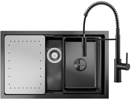 CECIPA Fregadero de cocina negro (gris antracita), 70 x 44 cm, incluye grifo con muelle en espiral, 1 fregadero grande de acero inoxidable